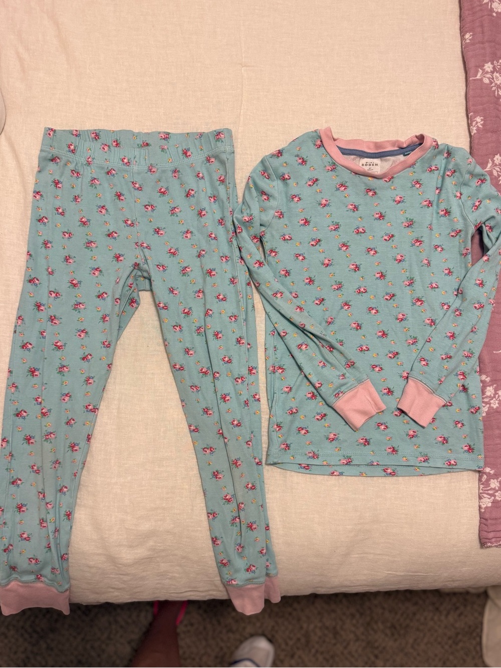 Mini Boden Light Teal & Baby Pink Floral Long-Sleeve Pajama Set